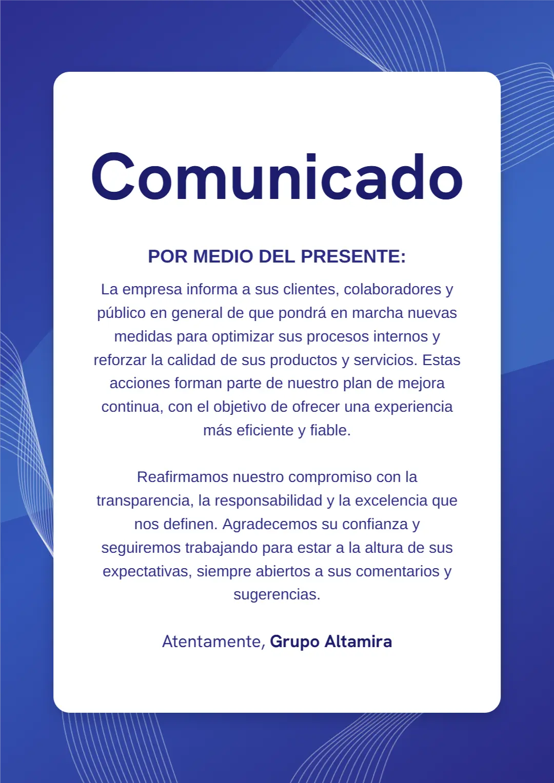 Comunicado oficial de empresa azul y blanco